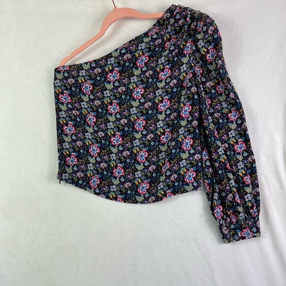 Frame Blouse Top Women XS One Shoulder Floral Print Long Sleeve Feminine Zip - Picture 12 of 15